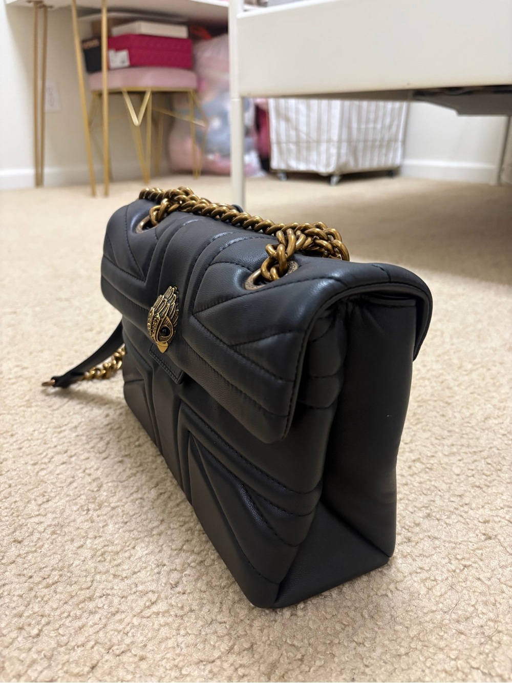 Kurt Geiger Dark Gray Quilted Chain Shoulder Bag with Gold Hardware - Picture 5 of 6